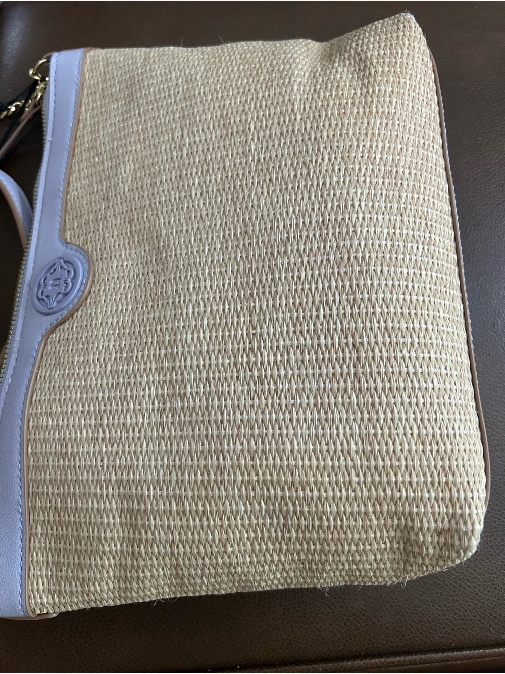 Woven Straw Shoulder Bag in Natural with Light Lavender Trim
